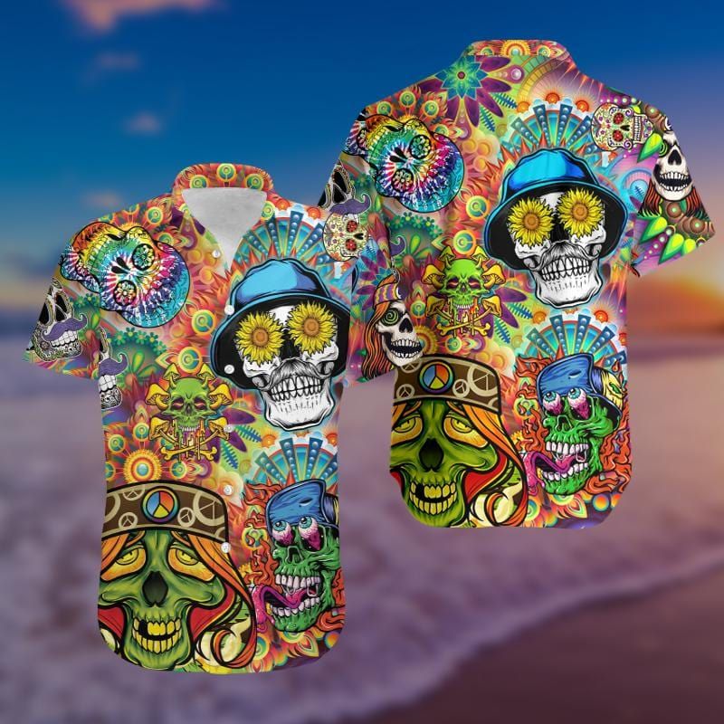 Felacia [Hawaii Shirt] Hawaiian Unisex Aloha Hippie Skull Colorful Shirts-ZX1949